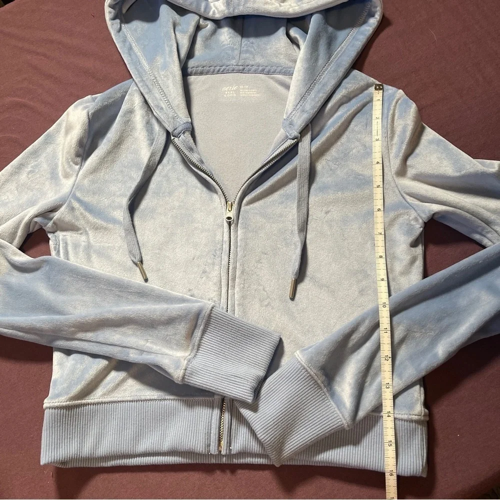 Aerie Dreamy Velour Cropped Hoodie in Baby Blue - Size XS Full Zip Light Jacket